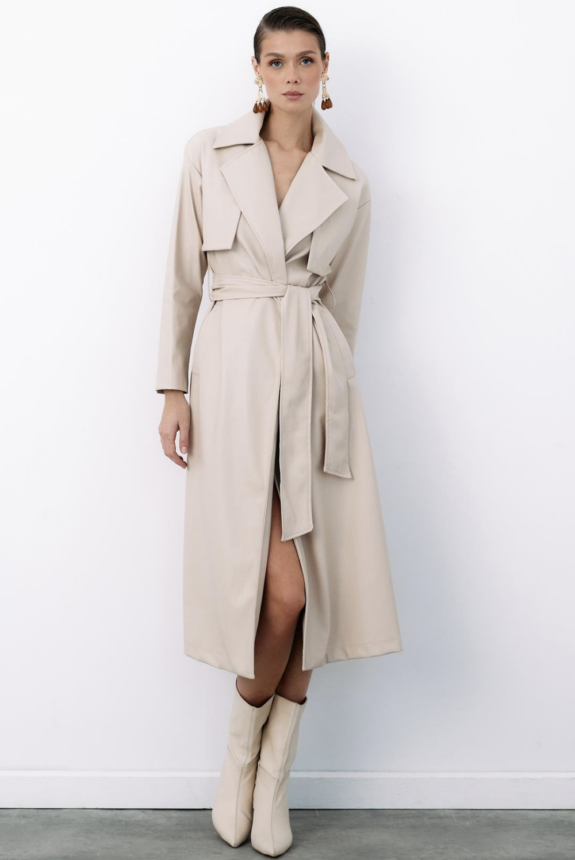 Trench Long En Similicuir Ceinturé - Beige – Image 2