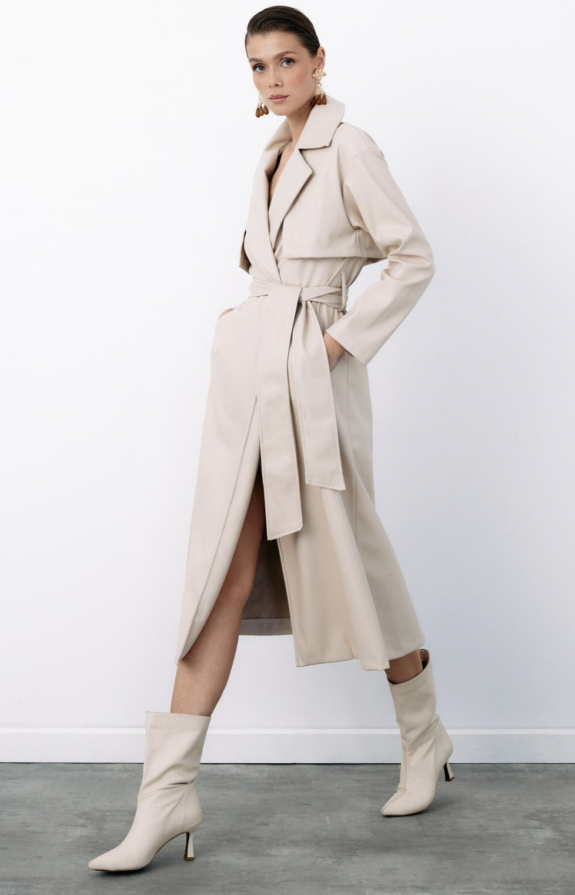 Trench Long En Similicuir Ceinturé - Beige – Image 1
