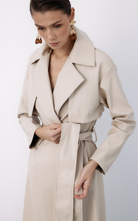 Trench Long En Similicuir Ceinturé - Beige – Image 3