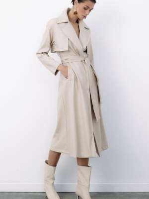 Trench Long En Similicuir Ceinturé - Beige – Image 4