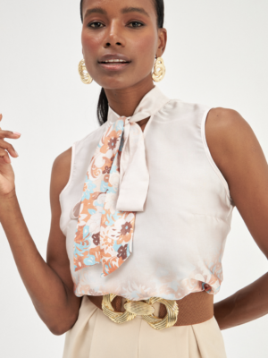 Blouse détaillée à noeud à motifs - BEIGE