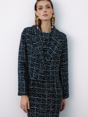 Veste Courte Boutonnée en Tweed - BLEU FONCÉ